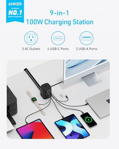Anker Charging Station (100W), 9-in-1 USB-C Power Strip with 300J Surge Protection, for iPhone 16 and MacBook, 5 ft Flat Cable and Plug, 4 USB-C and 2 USB-A Ports, 3 AC Outlets, for Home, Office - Image 2