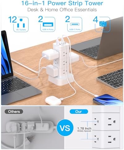 Surge Protector Power Strip Tower, 12 Outlets 4 USB (2 USB C) Desktop Charging Station for Multiple Devices, 6Ft Flat Plug Extension Cord with Multiple Outlets, Home Office College Dorm Essentials - Image 2