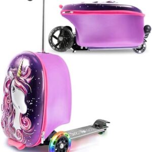 KIDDIETOTES Ride-On Scooter Suitcase for Kids – Hardside Lightweight Carry-On Luggage with Foldable Scooter, LED Wheels, Travel Fun for Toddlers & Children