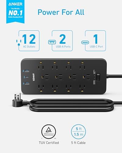 Anker Power Strip Surge Protector (2100J), 12 Outlets with 2 USB A and 1 USB C Port for Multiple Devices, 5ft Extension Cord, 20W Power Delivery Charging for Home, Office, Dorm Essential, TUV Listed - Image 2