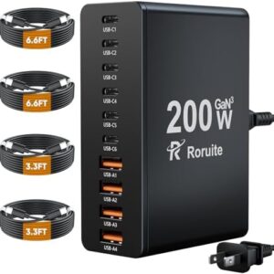 USB C Charging Station 10 Port with 4 USB Cables, 200W GaN Type C Charger Block, Wall Charger Power Strip Adapter Plug for iPad iPhone17 16 15 14 13 12 Pro Max Pixel Note Galaxy