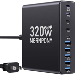 320W USB C Charger Block, 10-Port USB C Charging Station GaN III PD 65W Laptop Fast Charger Adapter for MacBook Pro/Air, DELL, iPad, iPhone, Samsung Galaxy Black