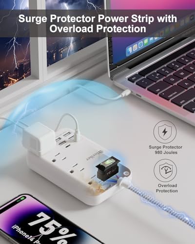 6 USB(2 USB C) Surge Protector Power Strip- 5Ft Travel Power Strip with 4.8A USB Charging Station and 4 Extendable Outlet, 13A Flat Plug Braided Extension Cord with Wall Mount for Travel Office Dorm - Image 5