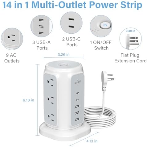 AiJoy Flat Plug Power Strip Tower 9 Outlets and 5 USB Ports (2 USB-C), 1200J Surge Protection, 6.5ft 1625W Extension Cord Charging Station for Home Office Supplies, Dorm Room Essentials - Image 2