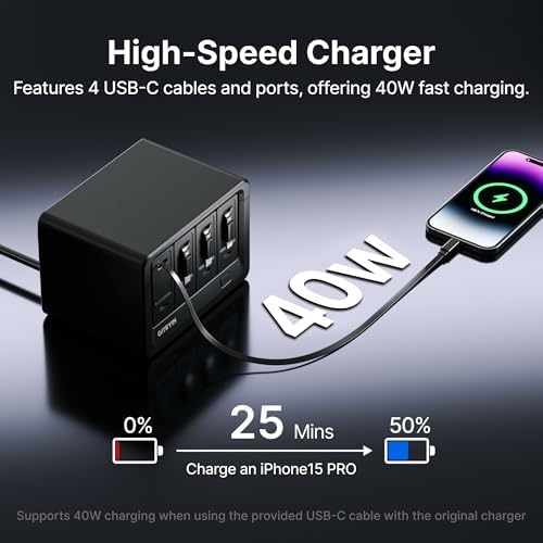 Gitryin 12-in-1 Desktop Charging Station with 3 Retractable Type-C Chargers and 1 Lightning Charger, 40W USB-C Power Strip with Flat Plug, Extension Cord with 1020J Surge Protection for Home Office - Image 2