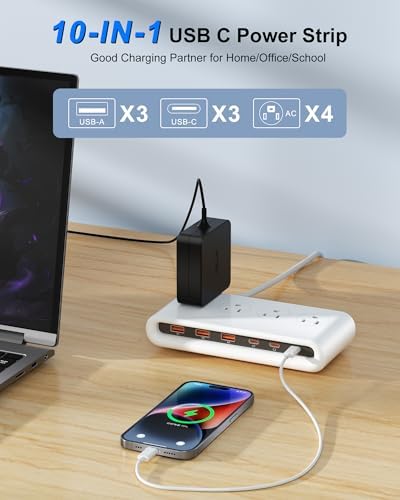 Power Strip with USB C 35W,10-in-1 Flat Plug Wall Charger - 5FT Extension Cord with 4AC, 3 USB A & 3 USB C - PD20W Charging Station for Multiple Devices - Travel Home Office (White) - Image 3