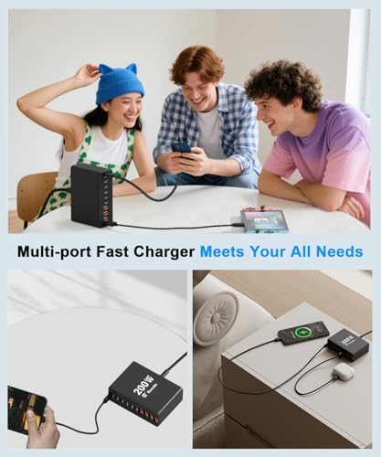 USB C Charging Station 10 Port with 4 USB Cables, 200W GaN Type C Charger Block, Wall Charger Power Strip Adapter Plug for iPad iPhone17 16 15 14 13 12 Pro Max Pixel Note Galaxy - Image 7