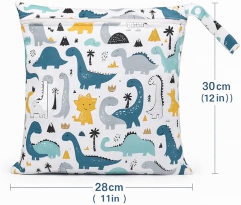 Waterproof Wet Dry Bag, Reusable Diaper Pouch with Zipper, Machine Washable Travel Organizer for Beach, Daycare, Kids, Dinosaur Pattern (White Dino) - Image 3