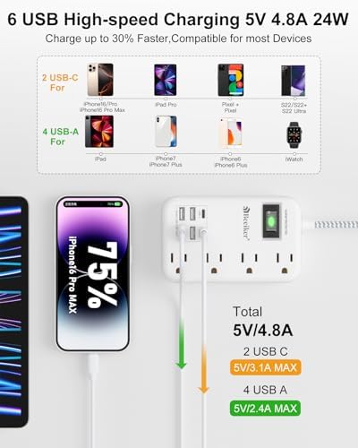 6 USB(2 USB C) Surge Protector Power Strip- 5Ft Travel Power Strip with 4.8A USB Charging Station and 4 Extendable Outlet, 13A Flat Plug Braided Extension Cord with Wall Mount for Travel Office Dorm - Image 2
