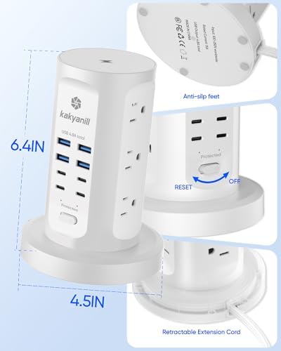 Power Strip Tower, kakyanill Surge Protector Tower 9 AC Outlets 8 USB (4 USB C), 6 Ft Retractable Extension Cord, Charging Station for Office Dorm Room, White - Image 8
