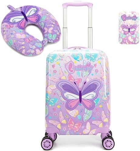 Kid's Luggage Set 2 Piece Suitcase Set 16" Hardside Luggage with Spinner Wheels Girls Carry on Toddler Travel Rolling Suitcase with Neck Pillow Airline Approved