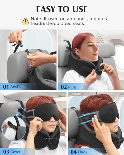 YFONG Travel Pillow for Long Flight Airplanes, Head Strap Combo with 3D Contoured Eye Mask for Sleep, Neck Pillow for Car Trip Essential, 360° Support Memory Foam Headrest, Prevent Head Bobbing, Black - Image 6
