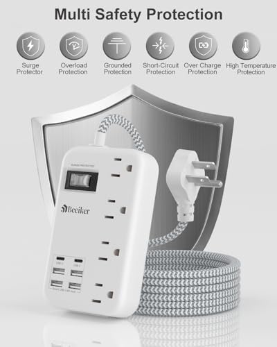 6 USB(2 USB C) Surge Protector Power Strip- 5Ft Travel Power Strip with 4.8A USB Charging Station and 4 Extendable Outlet, 13A Flat Plug Braided Extension Cord with Wall Mount for Travel Office Dorm - Image 7