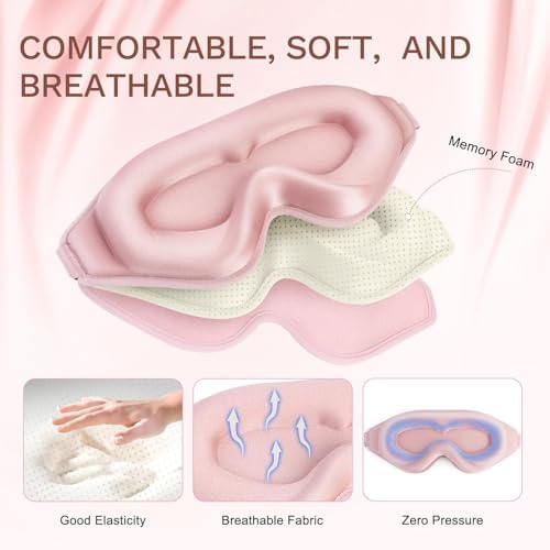 FlyCoco 99% Fully Block Out Light Eye Sleep Mask, 3D Deep Contoured Eyes Cover Zero Pressure, Long Lash Extension Eyes Mask with Adjustable Straps for Sleeping Travel Home Nap Rest Women Men (Pink) - Image 3