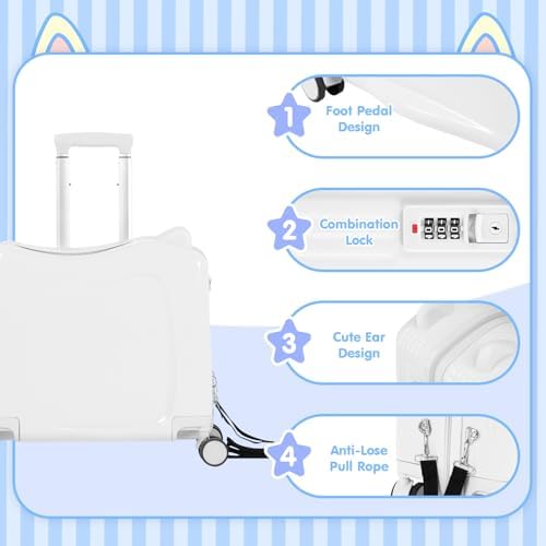 smilesun 20" Ride-On Travel Suitcase for Kids, Cute Ear Toddler Carry on Luggage with Spinner Wheels, Children Rolling Trolly Luggage with Combination Lock (Matte White with Rope) - Image 4
