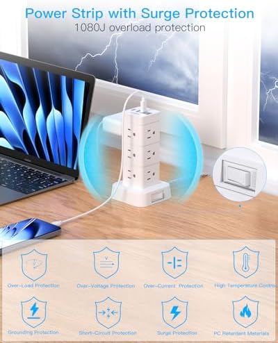 Surge Protector Power Strip Tower, 12 Outlets 4 USB (2 USB C) Desktop Charging Station for Multiple Devices, 6Ft Flat Plug Extension Cord with Multiple Outlets, Home Office College Dorm Essentials - Image 5