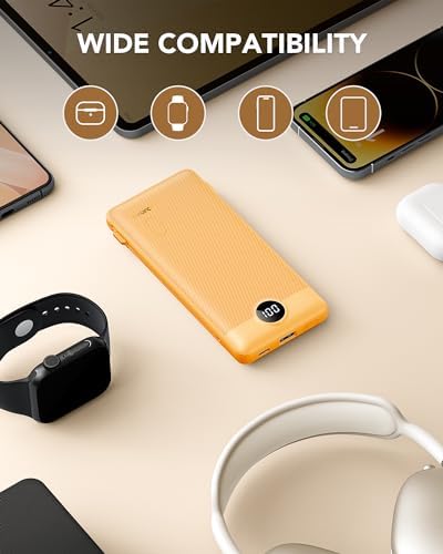 VRURC Portable Charger Built-in Cables and AC Wall Plug, USB C Power Bank 10000mAh, Travel Battery Phone Charger Compact Lightweight External Battery Pack for Smart Phones, Tablets etc-Orange - Image 7