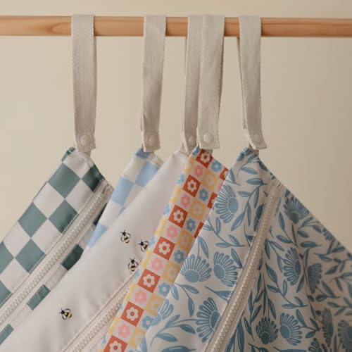 mushie Water Resistant Wet Bags | Large & Small Reusable Storage Bag for Baby Items and Travel | Zippered Pockets with Handle | Machine Washable, Set of 2 (Blue Flowers) - Image 4