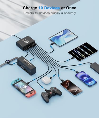 USB C Charging Station 10 Port with 4 USB Cables, 200W GaN Type C Charger Block, Wall Charger Power Strip Adapter Plug for iPad iPhone17 16 15 14 13 12 Pro Max Pixel Note Galaxy - Image 4