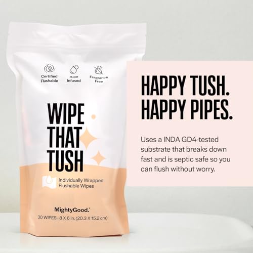 Wipe That Tush On-The-Go Flushable Wipes - 1 Pack of 30 Individually Wrapped Wipes - Fragrance Free - Extra Large & Soft - Hypoallergenic With Aloe & Vitamin E - Septic-Safe - Image 6