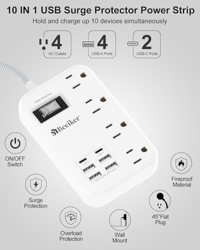 6 USB(2 USB C) Surge Protector Power Strip- 5Ft Travel Power Strip with 4.8A USB Charging Station and 4 Extendable Outlet, 13A Flat Plug Braided Extension Cord with Wall Mount for Travel Office Dorm - Image 3