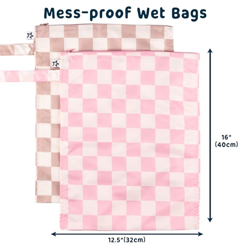 Tiny Twinkle Mess Proof Wet Bags | 2-Pack Reusable Waterproof Wet Bags for Swimsuits | Baby Clothes | Travel & Diaper Bag (Pink, Brown Checkers) - Image 4