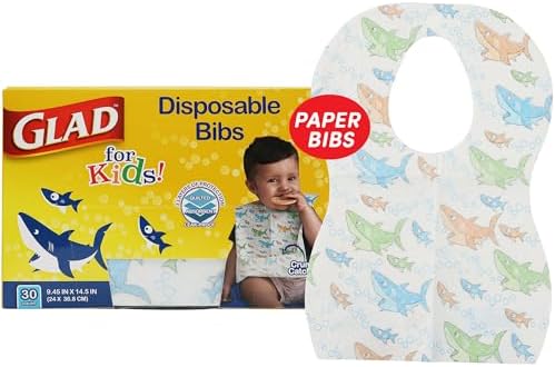 Glad for Kids Shark Paper Disposable Bibs with Crumb Catcher for Feeding - Absorbent and Leakproof Eating and Travel Must Haves for Mess-Free Meals, 30 Count