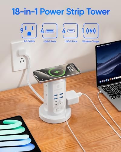 Power Strip Tower, kakyanill Surge Protector Tower 9 AC Outlets 8 USB (4 USB C), 6 Ft Retractable Extension Cord, Charging Station for Office Dorm Room, White - Image 3