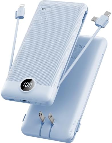 VRURC Portable Charger Built-in Cables and AC Wall Plug, USB C Power Bank 10000mAh, Travel Essentials Phone Charger Compact Lightweight External Battery Pack for Smart Phones, Tablets etc-Blue