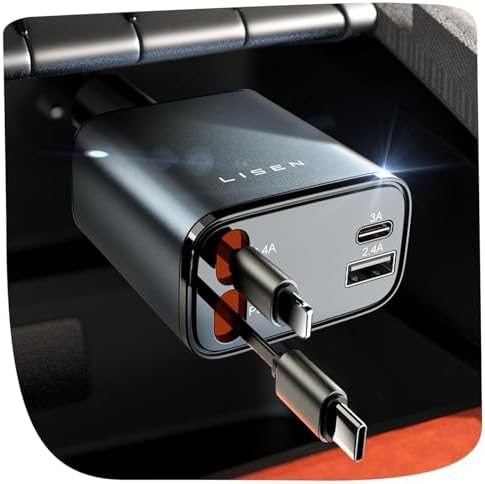 LISEN Retractable Car Charger, for Christmas Day Gifts for Men Women, 69W Cars Adapter USB C Fast Charger for iPhone 17, Car Accessories for Men Women Drivers, for iPhone 17 Pro Max Air 15 16 12 13 14