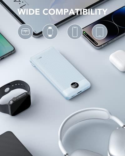 VRURC Portable Charger Built-in Cables and AC Wall Plug, USB C Power Bank 10000mAh, Travel Essentials Phone Charger Compact Lightweight External Battery Pack for Smart Phones, Tablets etc-Blue - Image 6