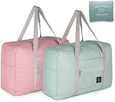 Foldable Travel Duffel Bag (2 Pack), For Spirit Airlines, Weekender Overnight Bag, Tote Carry on Luggage Sport Duffle Weekender Overnight for Women and Girls (Pink Blue)