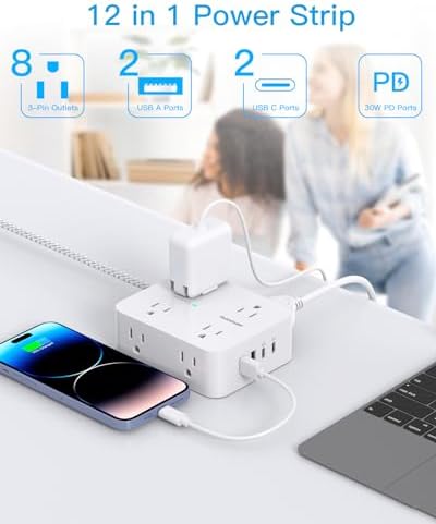 PD 30W USB C Power Strip Surge Protecor, HANYCONY 8 Outlets 4 USB(2 USB C Ports), 1080J Desk Charging Station for Multiple Devices, 6 Ft Flat Plug Extension Cord for College Dorm Room Essentials - Image 2