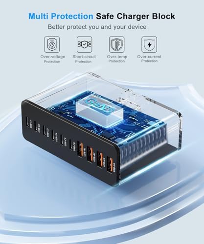 USB C Charging Station 10 Port with 4 USB Cables, 200W GaN Type C Charger Block, Wall Charger Power Strip Adapter Plug for iPad iPhone17 16 15 14 13 12 Pro Max Pixel Note Galaxy - Image 5
