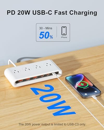 Power Strip with USB C 35W,10-in-1 Flat Plug Wall Charger - 5FT Extension Cord with 4AC, 3 USB A & 3 USB C - PD20W Charging Station for Multiple Devices - Travel Home Office (White) - Image 4