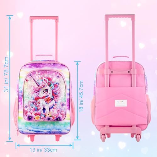 Girls Luggage, Kids Sequins Rolling Luggage, Cute Unicorn Travel Carry on for Elementary Preschool Toddler - Image 3