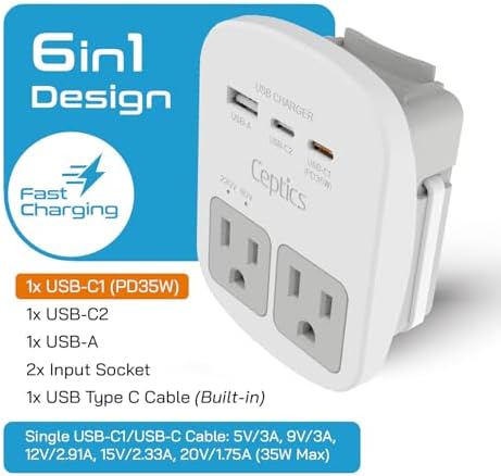 Ceptics 35W Universal Travel Adapter Kit – 2 USA sockets, USB-A, USBC, 1x PD 35W USB-C and USBC Cable, Surge Protected, Plugs for EU, UK, China, AU, Japan - for Laptop, Phone, Camera-ETL Tested - Image 2