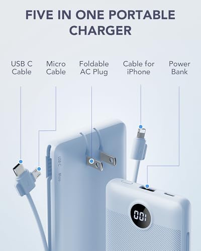 VRURC Portable Charger Built-in Cables and AC Wall Plug, USB C Power Bank 10000mAh, Travel Essentials Phone Charger Compact Lightweight External Battery Pack for Smart Phones, Tablets etc-Blue - Image 3