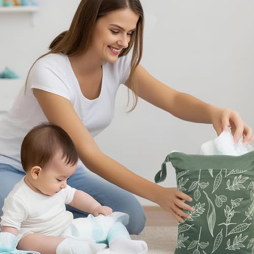 2pcs Wet Bags Waterproof Reusable Wet Dry Bag with Two Zippered Pockets Travel Beach Pool Daycare Yoga Gym Bag for Baby Cloth Diaper,Swimsuits,Wet Clothes (Leaves & Grids) - Image 8