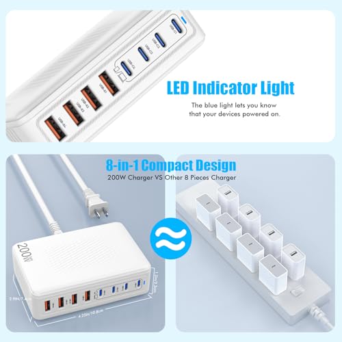 USB C Charger Block,200W GaN 8 Port USB C Charging Station USB Hub Block Cube Type C & USB A Wall Charger Power Adapter for Multiple Devices Apple iPhone 16/15/14,Steam Deck,MacBook Pro/Air,iPad Pro - Image 5