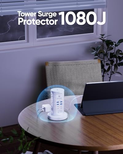 Power Strip Tower, kakyanill Surge Protector Tower 9 AC Outlets 8 USB (4 USB C), 6 Ft Retractable Extension Cord, Charging Station for Office Dorm Room, White - Image 4