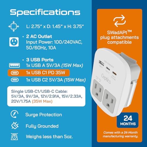 Ceptics 35W Universal Travel Adapter Kit – 2 USA sockets, USB-A, USBC, 1x PD 35W USB-C and USBC Cable, Surge Protected, Plugs for EU, UK, China, AU, Japan - for Laptop, Phone, Camera-ETL Tested - Image 4