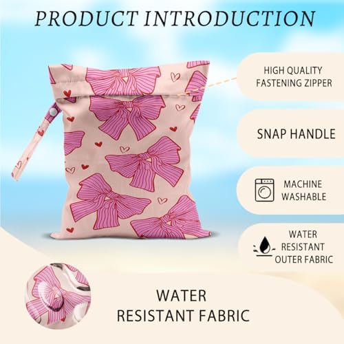 2Pcs Pink Bow Wet Bags 12x10 Inch, Heart Waterproof Travel Laundry Bags, Washable Reusable Wet Dry Bag for Swimsuit Pool Beach Diapers Dirty Yoga Gym Clothes, Pink Gifts for Women Friend Travelers - Image 3