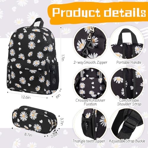 Redbaker 17 Inch 6 Pcs Kids Luggage Set Gifts for Christmas Kids Rolling Luggage Double Pattern Suitcase for Boys Girls (Black, Daisy Style) - Image 5