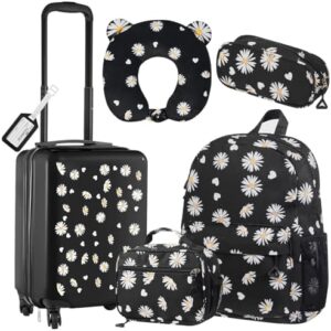 Redbaker 17 Inch 6 Pcs Kids Luggage Set Gifts for Christmas Kids Rolling Luggage Double Pattern Suitcase for Boys Girls (Black, Daisy Style)