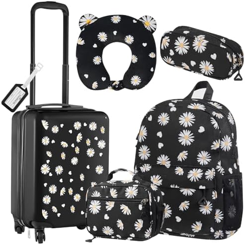Redbaker 17 Inch 6 Pcs Kids Luggage Set Gifts for Christmas Kids Rolling Luggage Double Pattern Suitcase for Boys Girls (Black, Daisy Style)