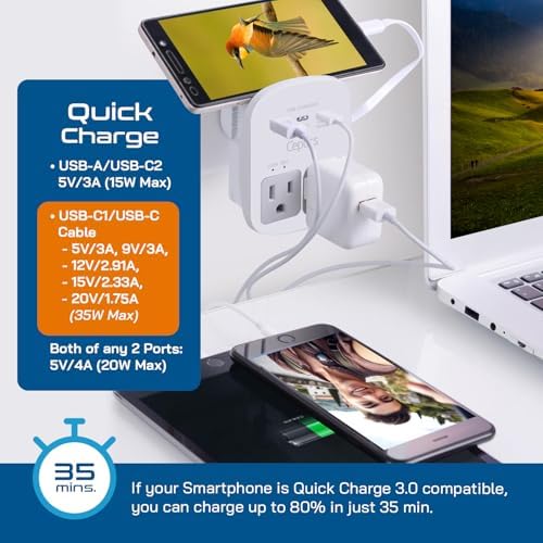 Ceptics 35W Universal Travel Adapter Kit – 2 USA sockets, USB-A, USBC, 1x PD 35W USB-C and USBC Cable, Surge Protected, Plugs for EU, UK, China, AU, Japan - for Laptop, Phone, Camera-ETL Tested - Image 5