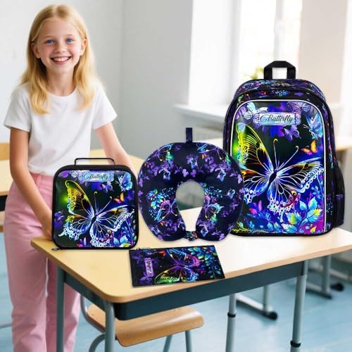 5PCS Girls Suitcase Set, Kids Water-Resistant Rolling Luggage, Cute Butterfly Travel Carry-On for Elementary/Preschool Toddler - Image 3