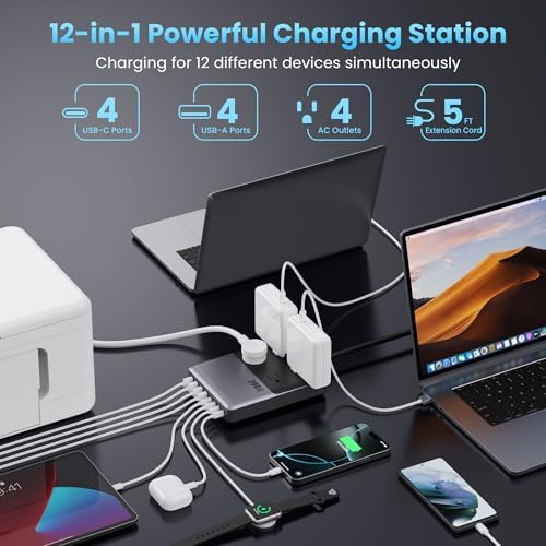 12-in-1 Charging Station USB C Power Strip with 5ft Cord and Plug,200W GaN IV USB C Charger Block,4 AC Outlets,8 USB for MacBook,iPhone 17/16/15,Fast Charging Desktop Charger for Office,Home - Image 2
