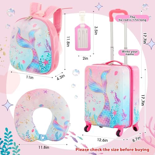 Sanwuta 4 Pcs Kids Luggage Set Backpack Travel Rolling Suitcase U-shape Pillow Christmas Children Gift for Girls Boys(17 Inch,Mermaid's Tail Style,Blue Purple) - Image 2